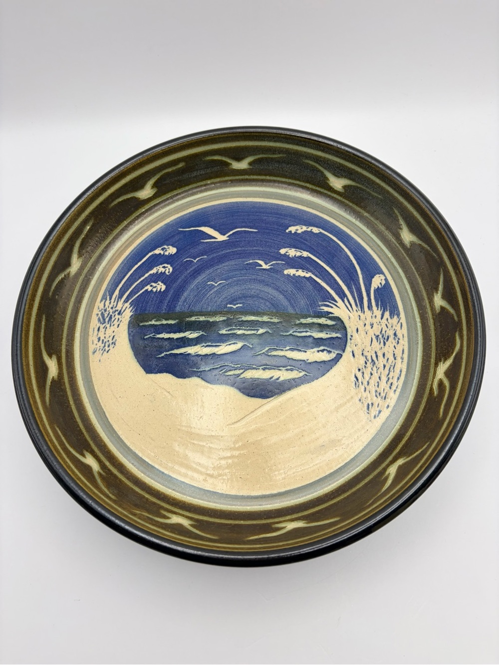 Handmade, Pottery Pedestal Bowl, Beach Scene, Dunes, Waves, Seagulls